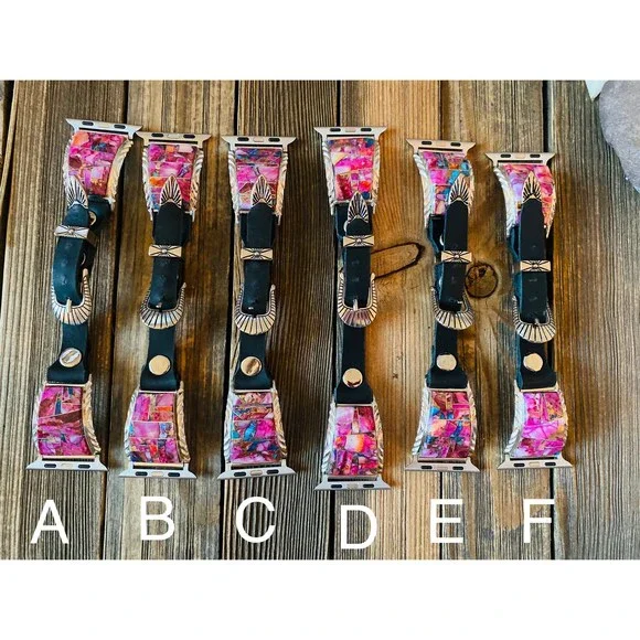 Navajo Pink Dream Mohave, Sterling Silver & Black Leather Smartphone Watch Band - Picture 2 of 8